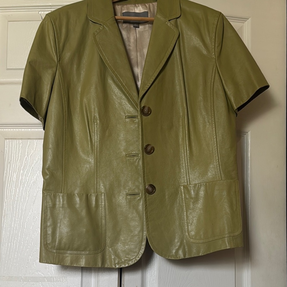 Ann Taylor Green Leather Blazer with Short Sleeves